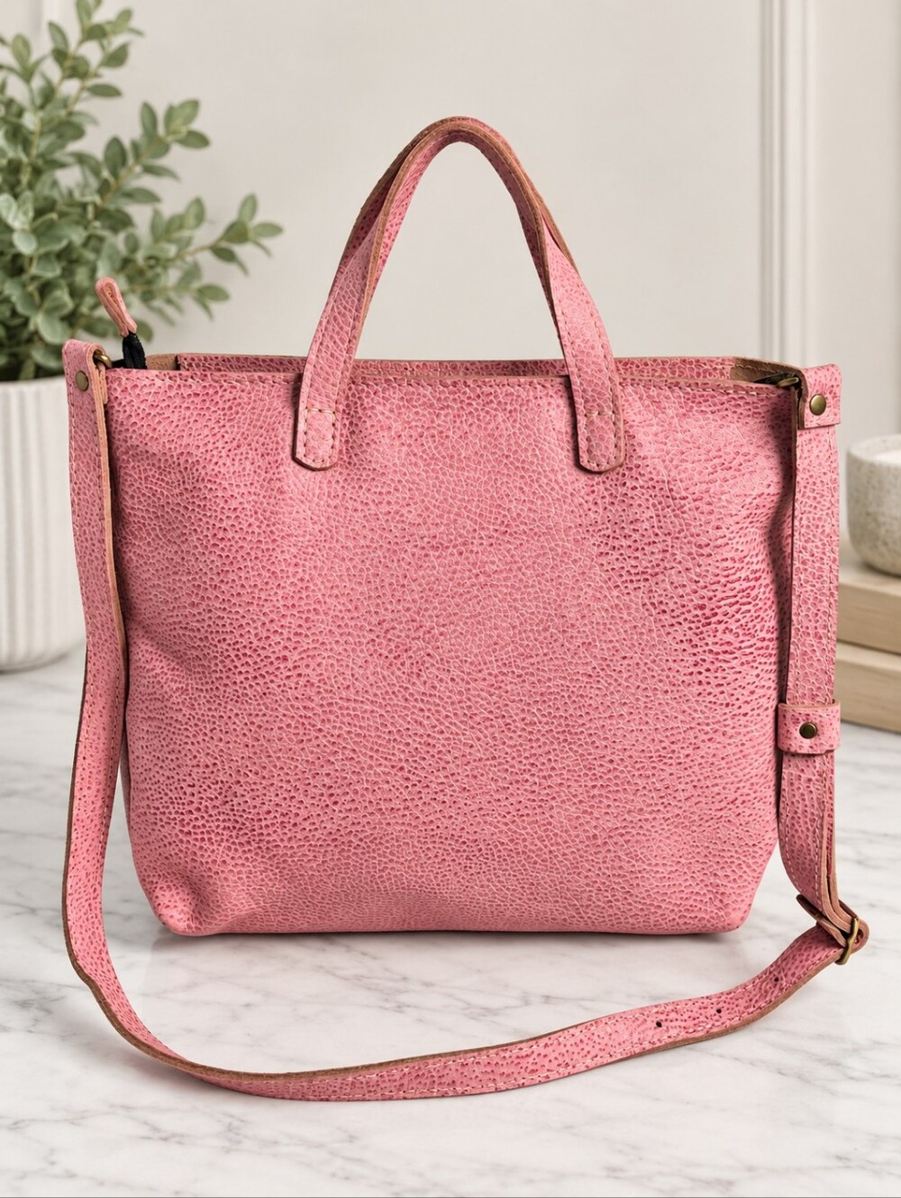 Portland Leather Wild Rose Medium Crossbody Tote Bag Full Grain Leather Zip